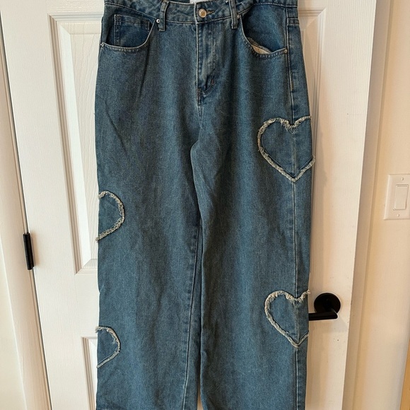 Angel Kiss Heart Patch Blue Jeans Y2K Wide Leg Low Rise Baggy Jeans size 7/28 - Picture 1 of 5